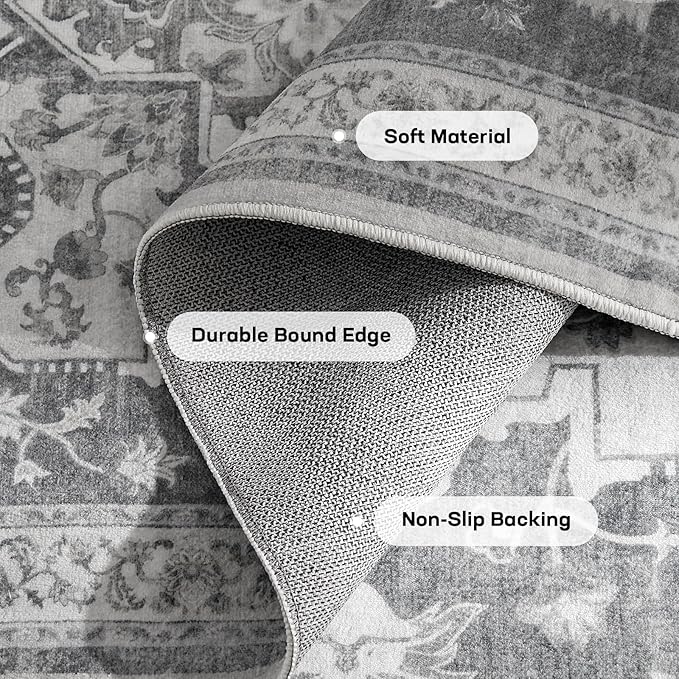Marsail 5x7 Machine Washable Area Rug, Soft & Slip-Resistant Large Area Rug with Reinforced Bound Edges, Vintage Short-Pile Washable Rug with Floral Pattern for Living Room, Dinning Room and Bedroom
