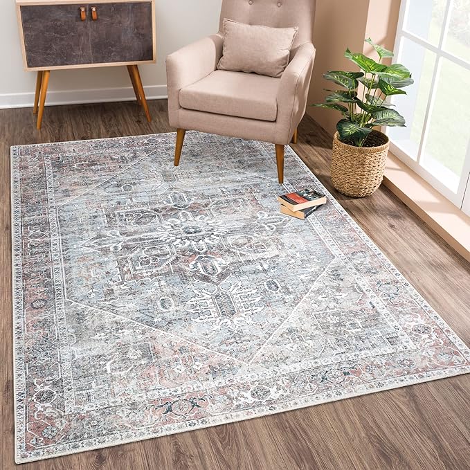 Bloom Rugs Washable Non-Slip 9' x 12' Rug - Light Pink/Light Blue Traditional Medallion Area Rug for Living Room, Bedroom, Dining Room, and Kitchen - Exact Size: 9' x 12'