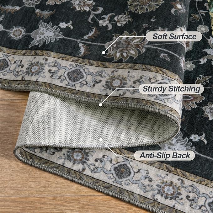 Tangsoo Black 2x5 Rug Runner, Washable Runner Rug for Hallways Non Slip, Floral Vintage Soft Low Pile Rugs Runner, Print Carpet Runners for Kitchen Bedroom Entryway Bathroom Living Room