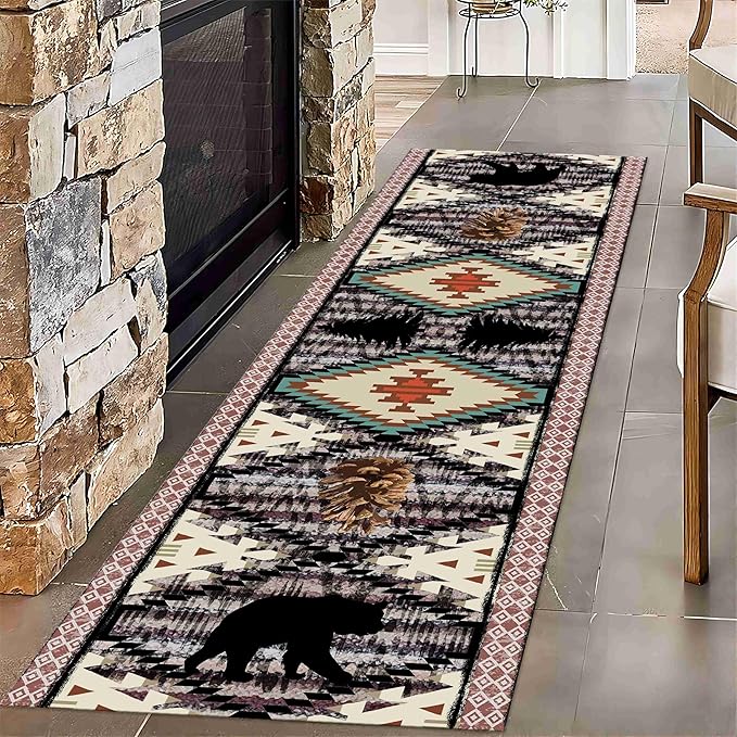 Wild Animal Runner - 2.6x10ft Bohemian Southwestern Country Hallway Rug, Bear Pine Cone Design, Comfortable Breathable Vintage Rug for Kitchen Dining Room Office