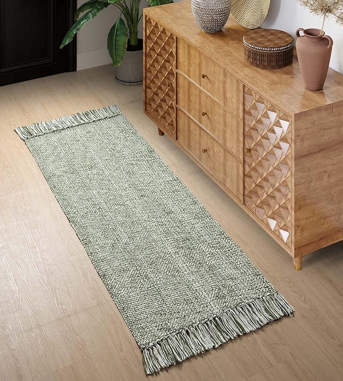Collive Hallway Runner Rug, 2' x 5' Soft Washable Kitchen Runner Rug, Olive Green/Cream Contemporary Modern Laundry Room Rugs Indoor Hand-Woven Cotton Carpet for Bedroom Entryway Front Door Farmhouse