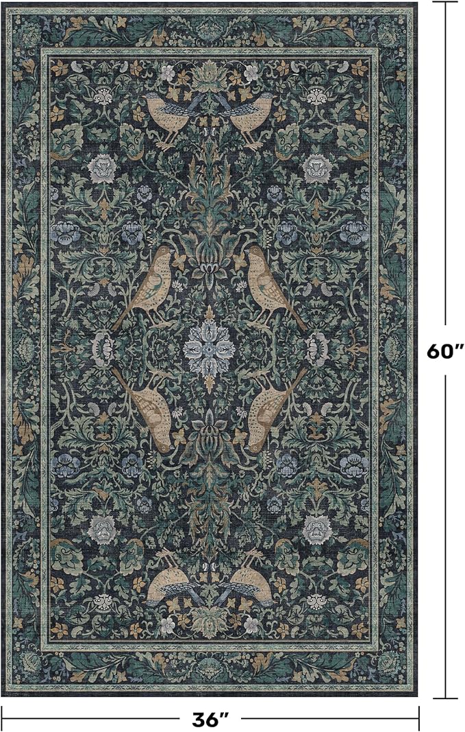 Vintage Large Entryway Rugs Indoor, 3x5 Washable Blue and Green Floral Rugs for Kitchen Floor, Bedroom Beside Bed, Non-Slip & Low Pile Stain Resistant Laundry Carpet with Plant & Bird Pattern