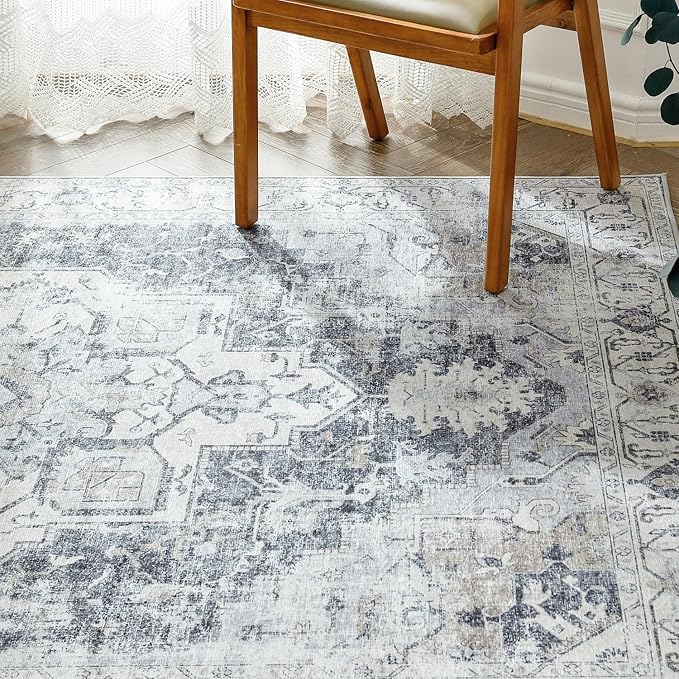 jinchan Runner Rug 2x7 Hallway Rug Kitchen Washable Runner Vintage Mat Retro Print Lightweight Non-Slip Floor Cover Distressed Thin Carpet for Entryway Bathroom Bedroom Laundry Room Stairway Grey