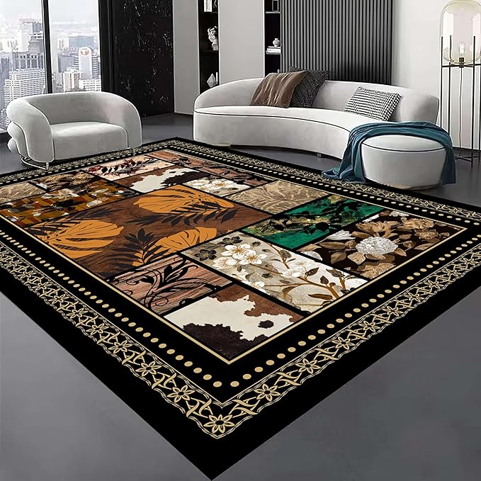 Floral Tropical Patchwork Area Rug 8x10ft, Vintage Black & Brown Country Carpet, Low Pile Non-Slip Mat for Cozy Bedroom, Dining Room, Farmhouse Decor