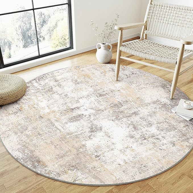 3x3 Washable Round Rug Beige Grey Abstract Entryway Area Rug Neutral Modern Non Slip Soft Low Pile Small Carpet for Bathroom Kitchen Living Room Bedroom