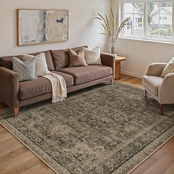 Entryway Area Rug 3x5 Washable Brown Vintage Distressed Carpet Oriental Soft Thin Indoor Rug for Office Non Slip Low Pile Throw Rug for Kitchen Bathroom Bedroom Dining Living Room
