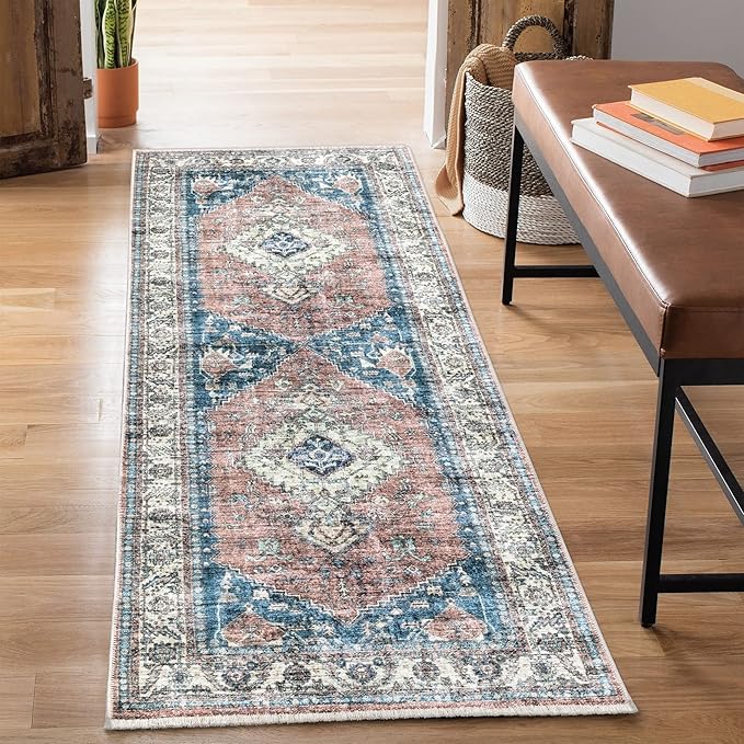 Bloom Rugs Caria Washable Non-Slip 7 ft Runner - Coral Pink/Ocean Blue Traditional Runner for Entryway, Hallway, Bathroom, and Kitchen - Exact Size: 2'6" x 7'