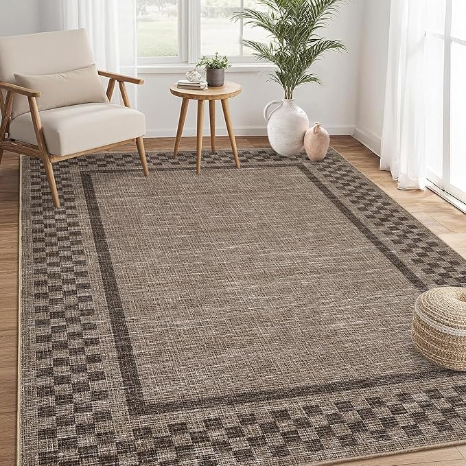GarveeHome Area Rug 10x13 Living Room Rug Modern Bordered Soft Large Area Rugs for Bedroom Washable Checkered Dining Room Throw Carpet Non Slip Stain Resistant Geometric Rugs for Home Office, Brown