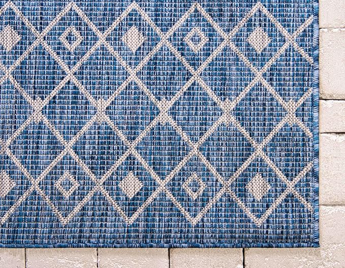 Unique Loom Outdoor Trellis Collection Area Rug - Tribal Trellis (2' x 8' Runner, Blue/ Ivory)