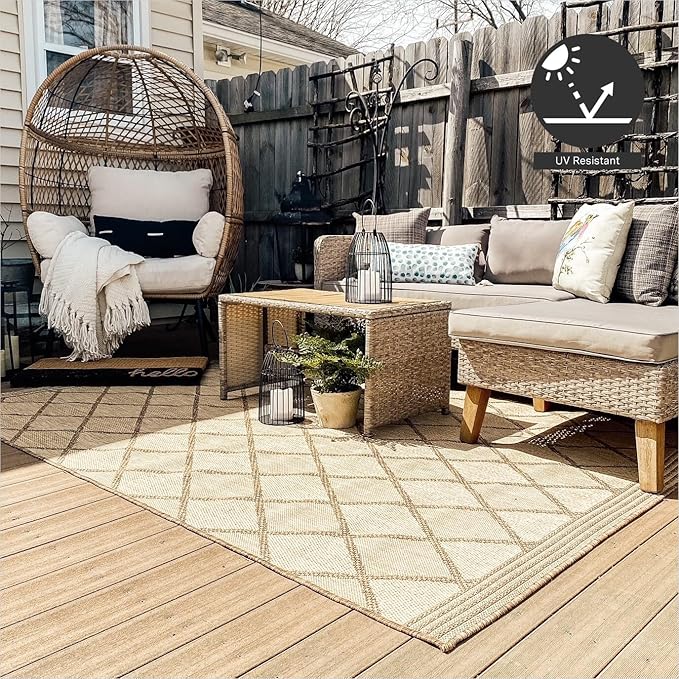FH Home Flat Woven Outdoor Rug - Waterproof, Easy to Clean, Stain Resistant - Premium Polypropylene Yarn - Moroccan Geo Lattice - Patio,Deck,Porch,Balcony,Laundry - Tunis - Sand - 3ft 11 in x 5ft 6in