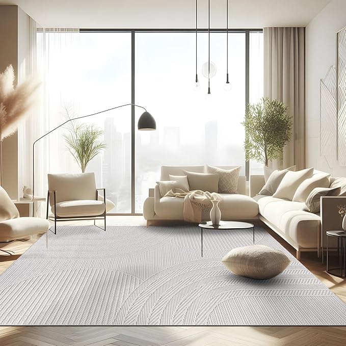 CAMILSON Micro Loop Rug 10x14 Modern Luxury Geometric Arch Large Area Rugs Soft High and Low Pile Stain Resistant Easy-Cleaning Non-Shedding for Living Room Indoor Carpet (10 x 14 / White)