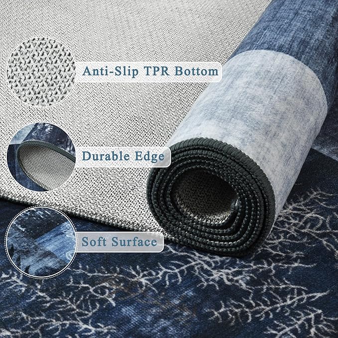 Tepook Modern Area Rug for Living Room, 4x6 Geometric Large Rugs for Bedroom, Washable Patchwork Rug Indoor Non-Slip Throw Carpets for Dining Room Office Farmhouse Home Decor, Blue