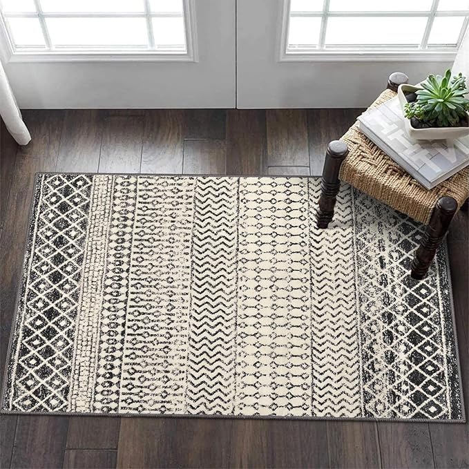 Moroccan Area Rug, 2x3 Black Distressed Entryway Rug Non-Slip Small Rug, Soft Low-Pile Washable Indoor Door Mat Floor Carpet for Entrance Bedroom Kitchen Bathroom