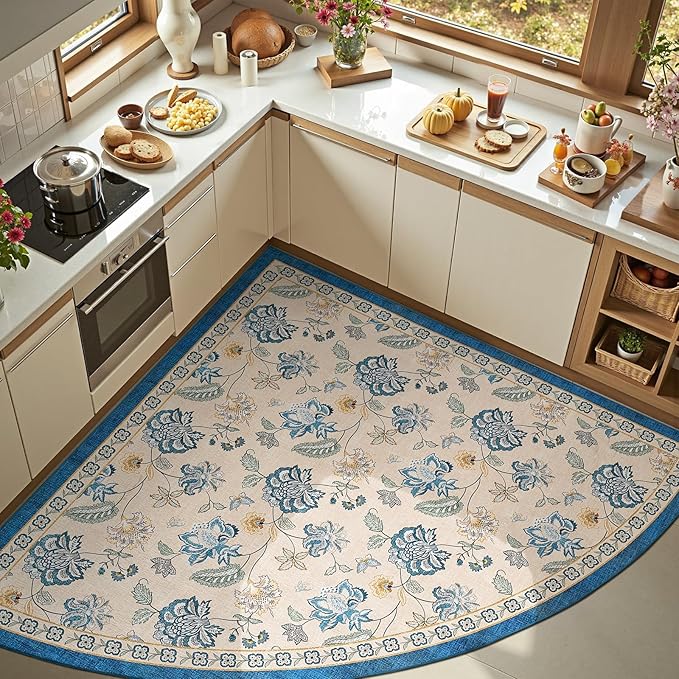 jinchan Elora Floral Corner Rug for Washable Nursery Rug Vintage Romance Design Non Slip Quarter Circle Lightweight Low-Pile Throw Carpet for Playroom Reading Nook Office, 5ft Radius, Blue/Beige