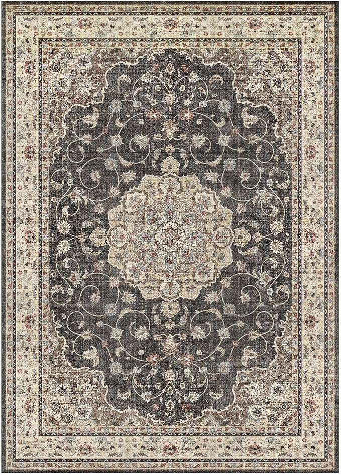 HUGEAR Machine Washable Area Rugs 5x7 Vintage Black Living Room Bedroom Rug Neutral Style Non Slip Stain Resistant Low Pile Throw Carpet for Home Retro Aesthetic Modern Decor