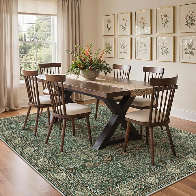 Bavni Washable Rugs 8x10-Machine Washable Rug Lightweight Low Pile, Vintage Floral Rug Non-Shedding Distressed Throw Carpet for Living Room Bedroom Office, Forest Green