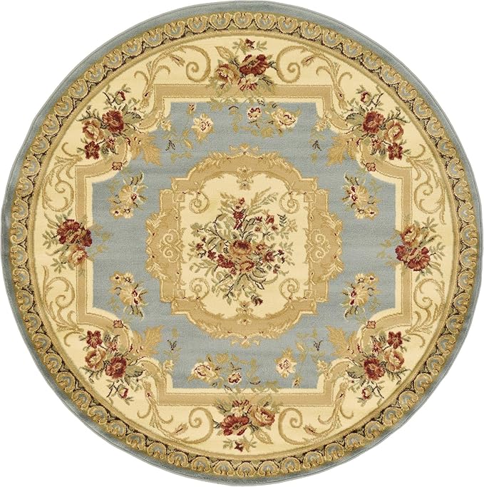 Rugs.com Chateau Collection Rug – 6 Ft Round Light Blue Medium Rug Perfect for Kitchens, Dining Rooms