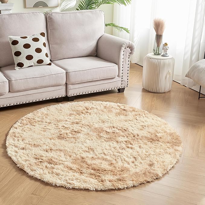 Andency Tie-Dyed Beige Round Area Rug for Living Room, 5x5 ft Shag Rug for Bedroom, Fluffy Circle Carpet for Home Decor, Room, Fuzzy Plush Circular Rug for Dorm Playroom