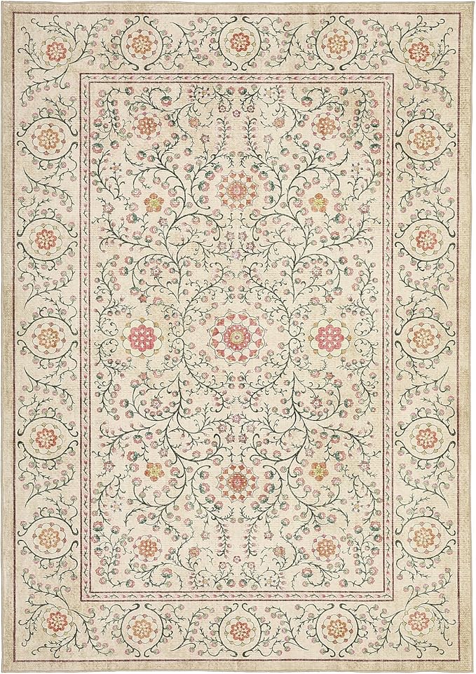 GarveeHome Boho 5x7 Area Rug for Bedroom, Floral Vintage Rugs for Living Room with Soft Low Pile, Non Slip Botanical Washable Rugs 5x7 for Dining Room Camel Carpet for Entryway Dorm Office Playroom
