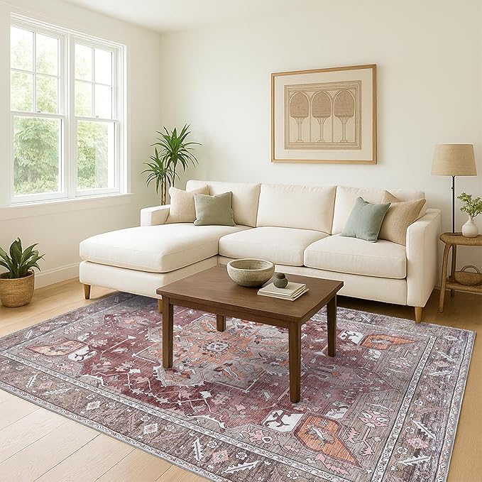 Distressed Modern Rug, Terracotta Vintage Inspired Medallion Geometric Large Area Rugs for Living Room Bedroom Bathroom Kitchen Home (857RB, 2' x 3')