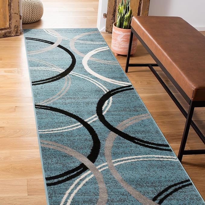 Rugshop Modern Wavy Circles Design Runner Rug, Non-Shedding Carpet for Hallway, Kitchen, or Foyer, Blue, 2'7" x 8'