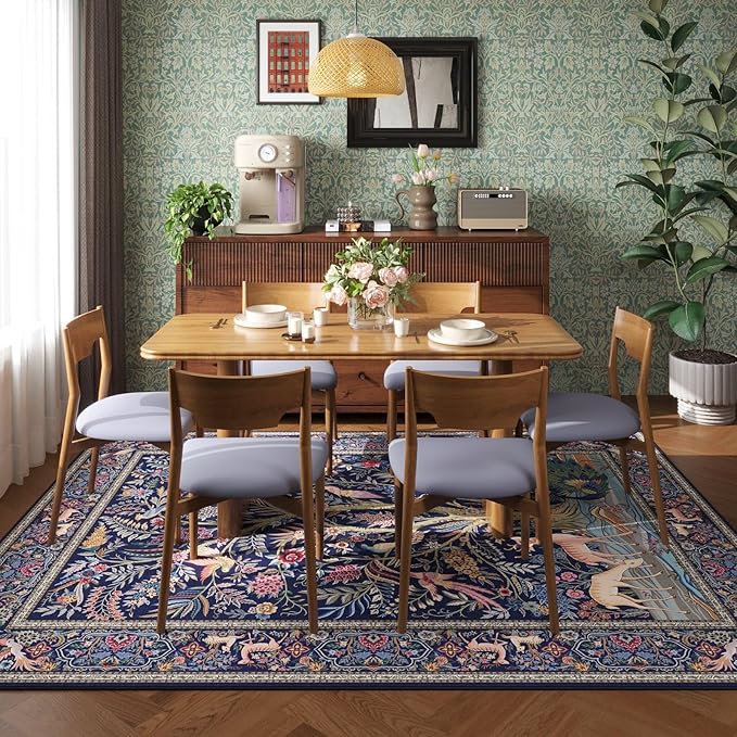 Rugcomf 8x10 Area Rugs Vibrant Tree of Life-Patterned Vintage Washable Area Rug Non Slip Low Pile Large Rug for Bedroom Farmhouse Dining Room Kids Playroom, Blue