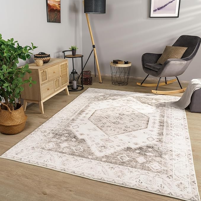 Paco Home Oriental Area Rug with Faded Vintage Look in Beige, Size: 7'10" x 11'2"