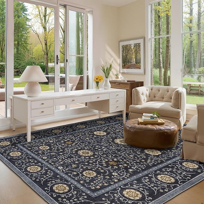 GarveeHome Boho 8x10 Area Rugs for Living Room, Floral Vintage Rugs for Bedroom with Soft Low Pile, Non Slip Stain Resistant Washable Rug 8x10 for Dining Room Blue Large Carpet for Office Playroom