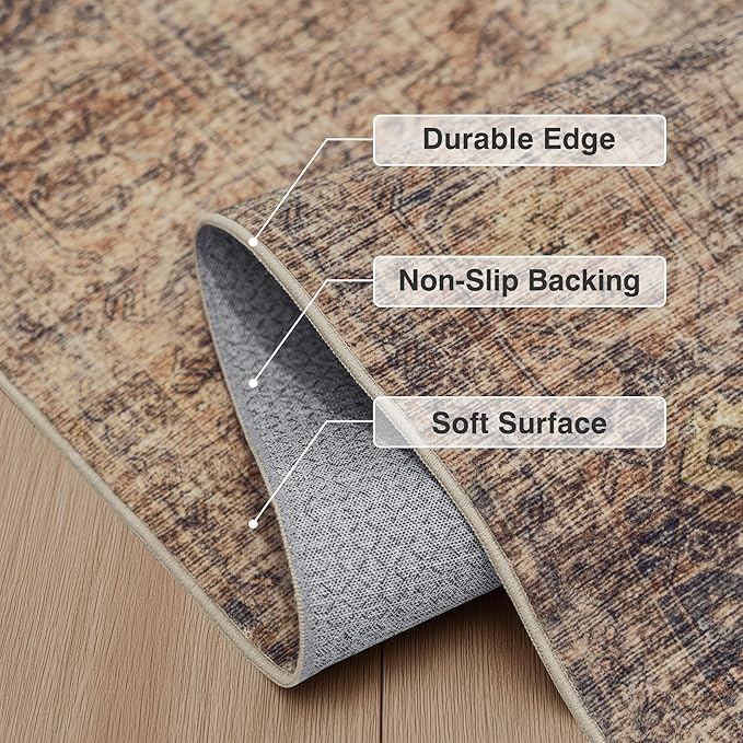 FMFUNCTEX 5x7 Washable Area Rug Neutral Vintage Rust Brown Distressed Non Slip Low Pile Traditional Indoor Carpet for Living Room Bedroom Soft Retro Throw Rug for Dining Office Kitchen Dorm Entryway