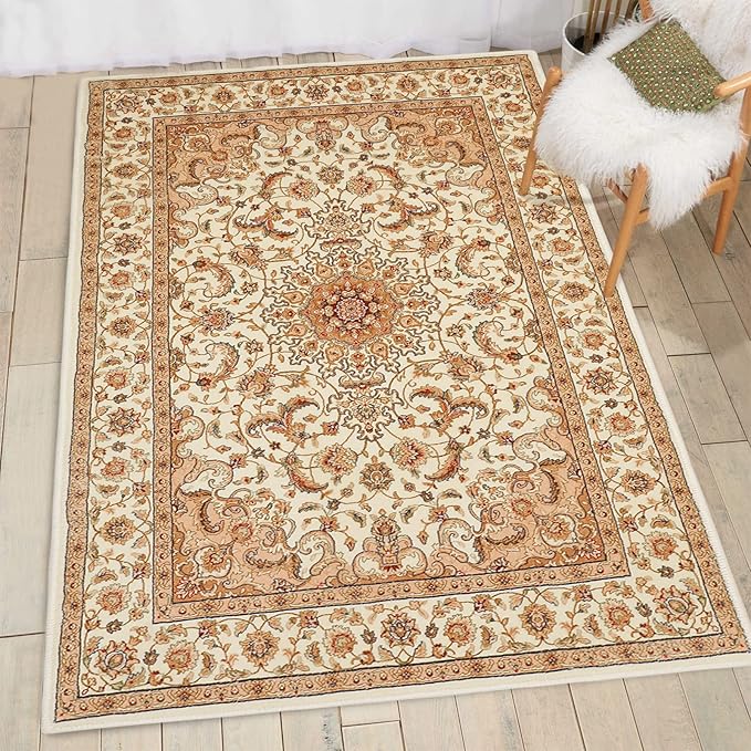 COMSLE Boho Area Rug, 3' x 5' Machine Washable Rugs for Entryway Faux Wool Large Rugs Distressed Throw Rug Non-Slip Floor Carpet for Indoor Bedroom Kitchen Living Room Cream/Beige-2
