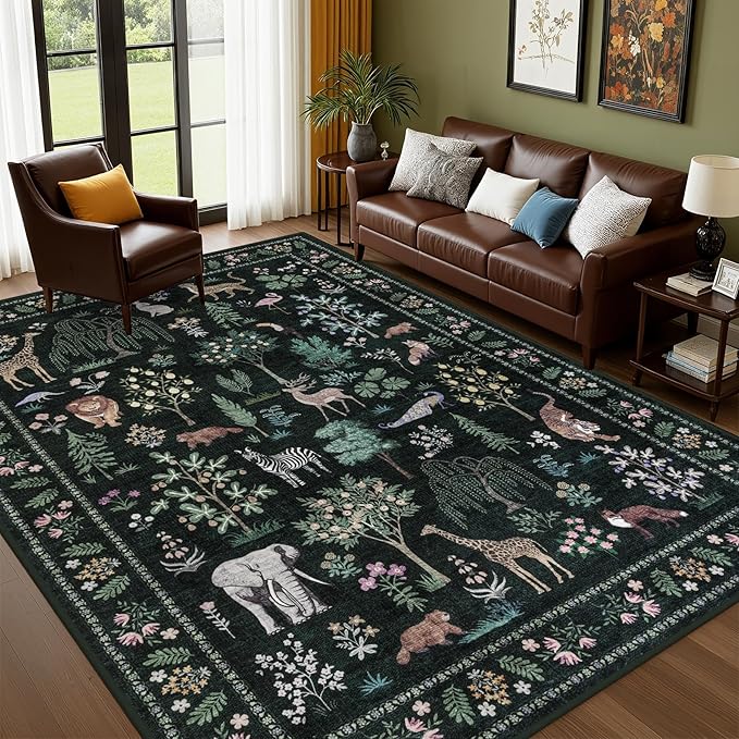 8x10 Area Rugs Living Room Rug: Vintage Washable Rug Floral Soft Carpet Indoor Floor Non-Slip Boho Stain Resistant Large Carpets for Bedroom Kids Nursery Dining Room Farmhouse Home Office Green