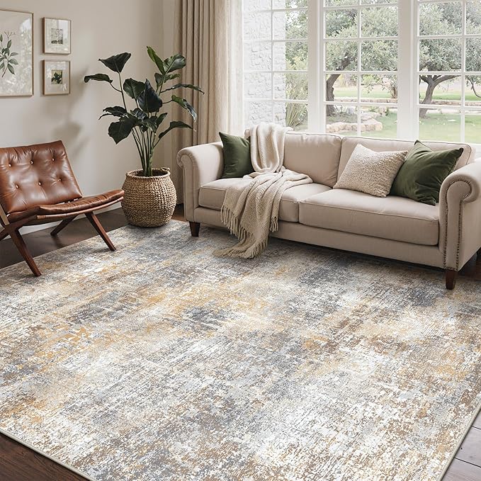 Bavni 9x12 Area Rugs Machine Washable Rug for Living Room, Modern Printed Rug Indoor Soft Area Rug for Bedroom Dining Room, Ultra-Thin Low Pile Carpet with Non Slip Rubber Backing, Ocher Gray