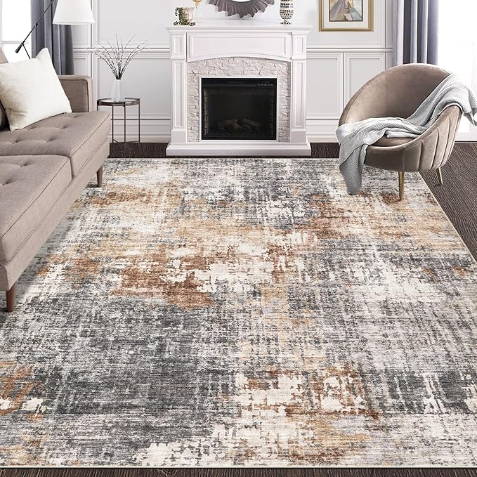 Area Rug Living Room Rugs - 10x14 Washable Large Soft Indoor Neutral Modern Abstract Low Pile Rug Carpet for Bedroom Dining Room Farmhouse Home Office - Grey Brown