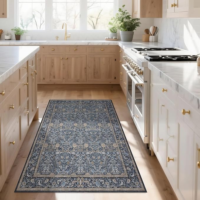 Washable Living Room Rug: 3x5 Boho Floral Soft Area Rug for Bedroom Decor - Vintage Low Pile Thin Carpet for Dining Room Non-Slip - Farmhouse Stain Resistant Rugs - Slate Blue