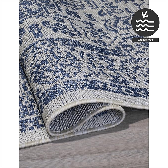 FH Home Flat Woven Outdoor Rug - Waterproof, Easy to Clean, Stain Resistant - Premium Polypropylene Yarn - Vintage - Patio, Deck, Porch,Balcony - Ankara - Distressed Blue - 3ft 11in x 5ft 6in