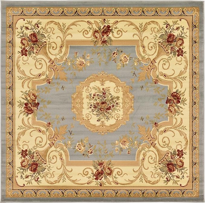 Rugs.com Chateau Collection Rug – 8 Ft Square Light Blue Medium Rug Perfect for Living Rooms, Kitchens, Entryways
