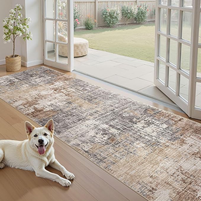 Washable Runner Rug for Hallway: 3x12 Neutral Modern Abstract Low Pile Area Rug with Non-Slip Backing - Carpet for Bedroom Kitchen Laundry Entryway Bathroom Indoor - Grey Brown