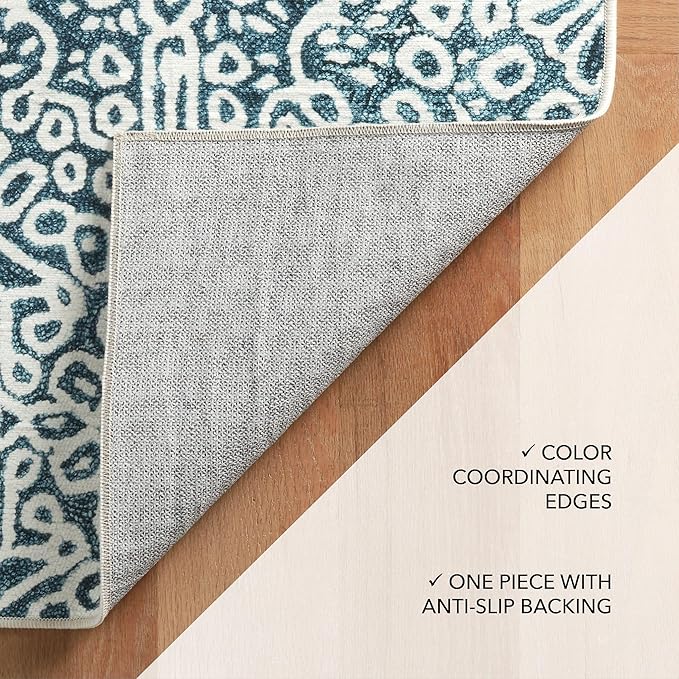 Dash and Albert Temple Ink Machine Washable Area Rug - 4' x 6' Blue - Geometric Accent Rug - Anti-Slip Backing, Lightweight, Machine Washable, High Traffic Areas Kitchen, Mudroom, Laundry Room