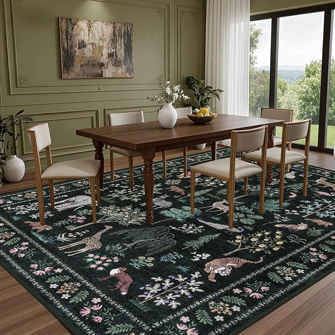 8x10 Area Rugs Living Room Rug: Vintage Washable Rug Floral Soft Carpet Indoor Floor Non-Slip Boho Stain Resistant Large Carpets for Bedroom Kids Nursery Dining Room Farmhouse Home Office Green