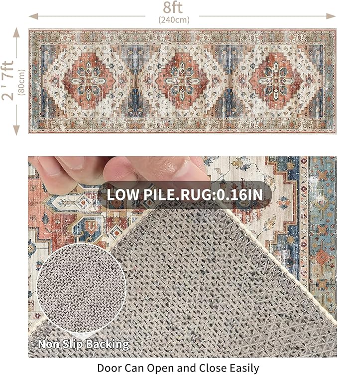 Enkor Runner Rugs for Hallway, 2.6x8 Washable Soft Non Slip Floor Rugs for Kitchen, Modern Mat for Living Room Bedroom Entryway Beige & Red