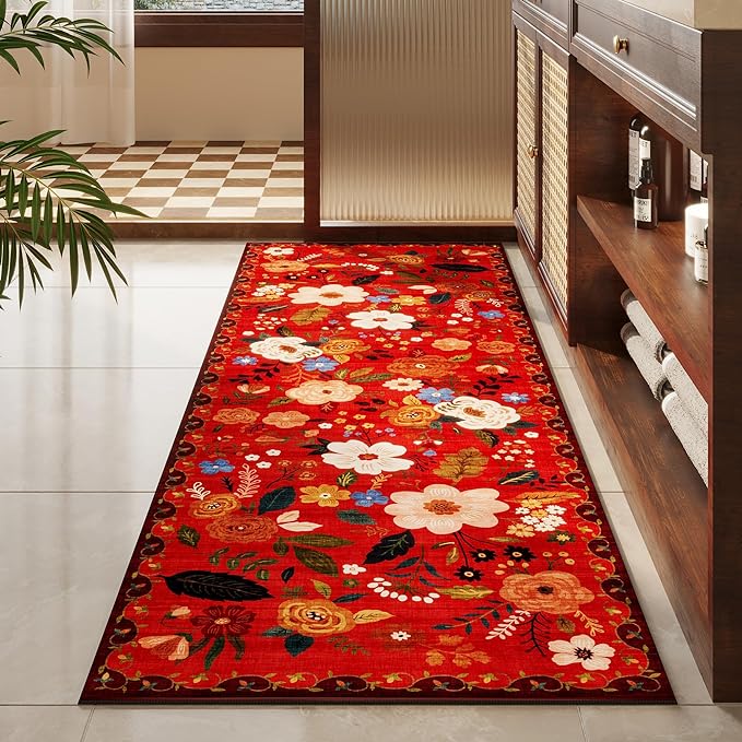 Rugcomf Runner Rug for Hallways Kitchen Rug Non Slip 2'6''x8' Washable Runner Rugs with Rubber Backing Soft Floral Carpet Runner for Hallways, Kitchen, Laundry, Bedroom, Bathroom(Red)