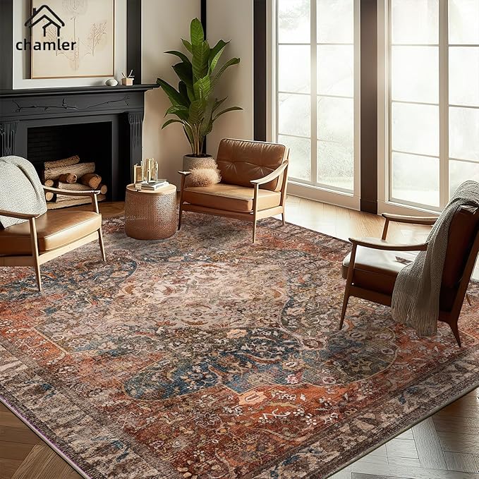 9x12 Washable Area Rug Boho Chic Medallion Distressed Design Non-Shedding Easy Care Ideal for High Traffic Areas in Rug for Living Room Bedroom Office Coffee Table Large Carpet
