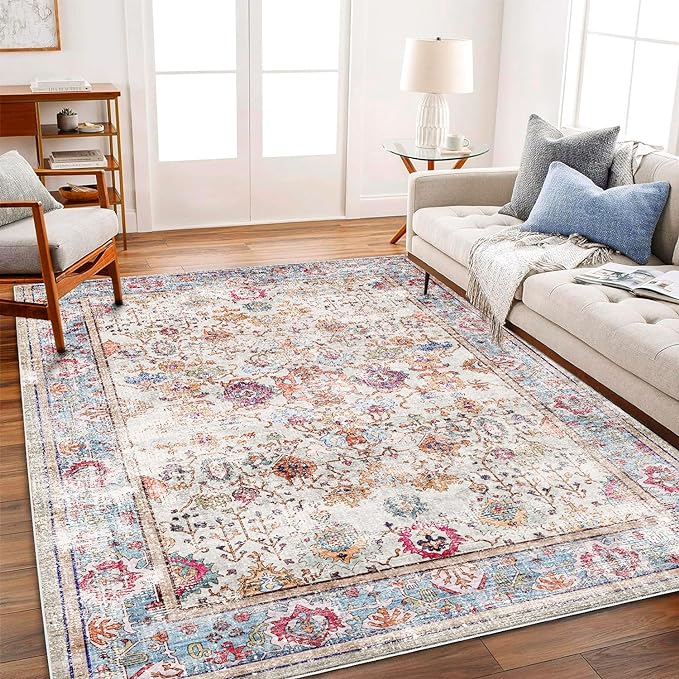 Washable Area Rug 3'x5' Vintage Traditional Floor Cover Foldable Thin Retro Accent Indoor Distressed Non Slip Carpet Floral Print Mat Bedroom Living Room