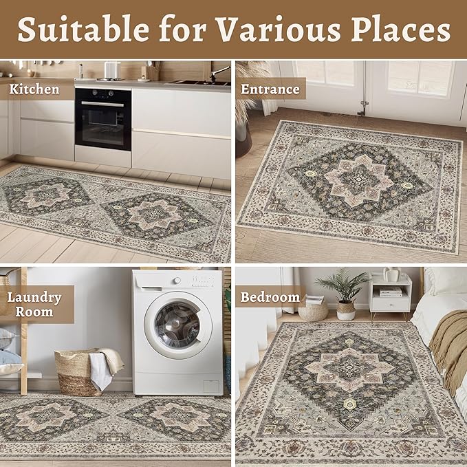 Tangsoo Washable Rug 4x6 Area Rug, Vintage Rug Indoor for Living Room, Non Slip Machine Washable Large Rugs, Soft Print Distressed Grey Farmhouse Carpet for Bedroom Dining Room Dorm Office