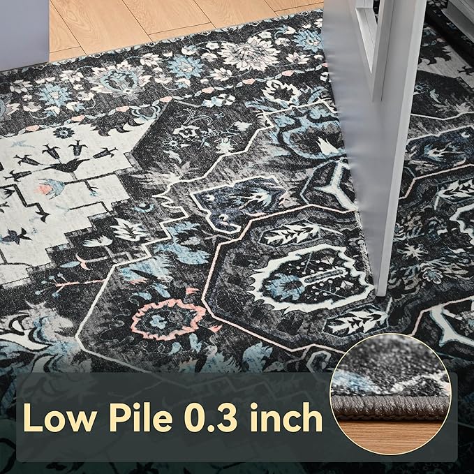 YJ.GWL Area Rugs for Living Room 8x10 Machine Washable Rugs, Non Slip Floral Vintage Rug Indoor Carpet, Stain Resistant Large Rug for Bedroom Dining Room, Black Grey Blue