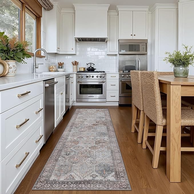 Bavni Kitchen Rug 2x5 Runner Rugs for Hallways Entryway, Washable Vintage Print Carpet, Ultra-Thin Chenille Low Pile Lightweight Rug with Non Slip Backing, Retro Grey