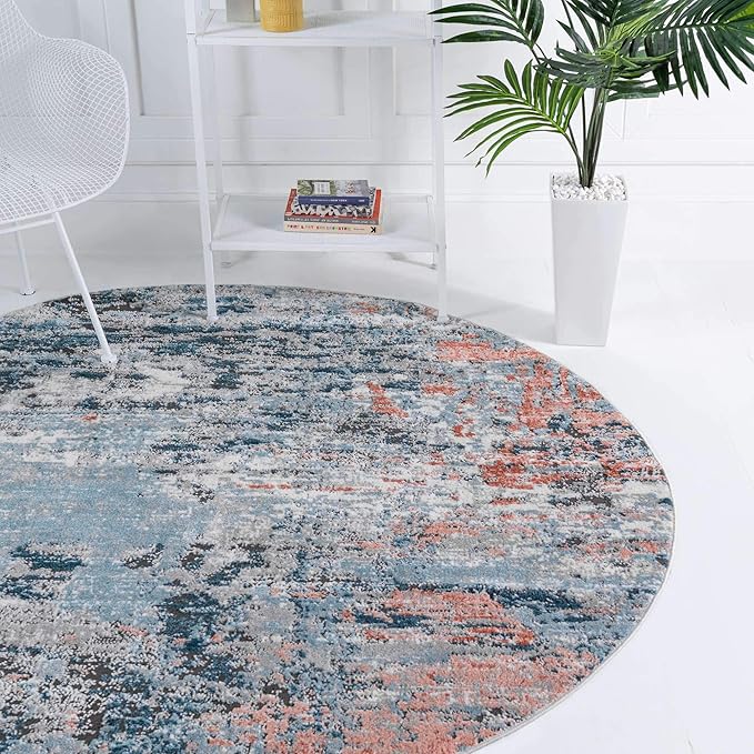 Rugs.com Leipzig Collection Round Rug – 7 Ft Round Multi Low-Pile Rug Perfect for Kitchens, Dining Rooms