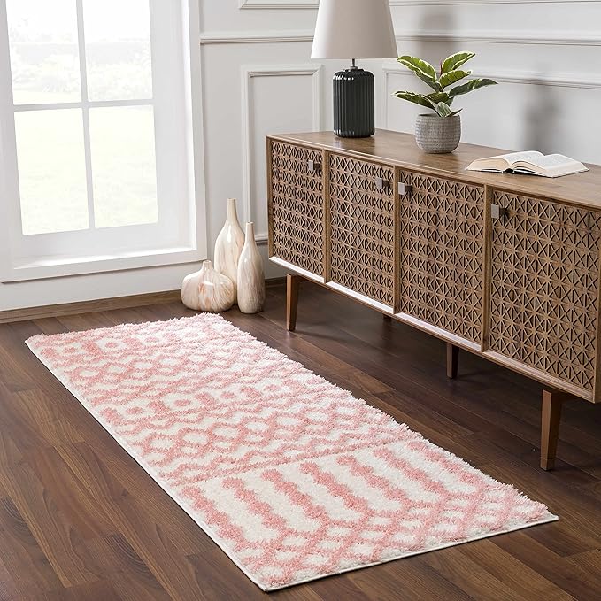 Hauteloom Tilos Moroccan Farmhouse Small Shag Area Rug Door Mat - Shaggy Carpet - Trellis Pattern - High Plush Pile - Cream, Pink, Beige - 2' x 3'