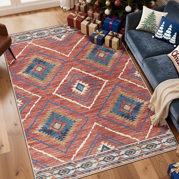 Area Rug 3x5 Rug Machine Washable Non-Slip Low Pile Print Pattern Western Rug for Living Room Bedroom Entryway Tribal Series -Red/Orange