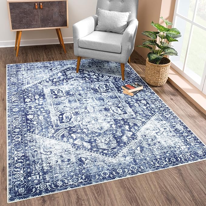 Bloom Rugs Washable Non-Slip 9' x 12' Rug - Blue/Ivory Traditional Area Rug for Living Room, Bedroom, Dining Room, and Kitchen - Exact Size: 9' x 12'